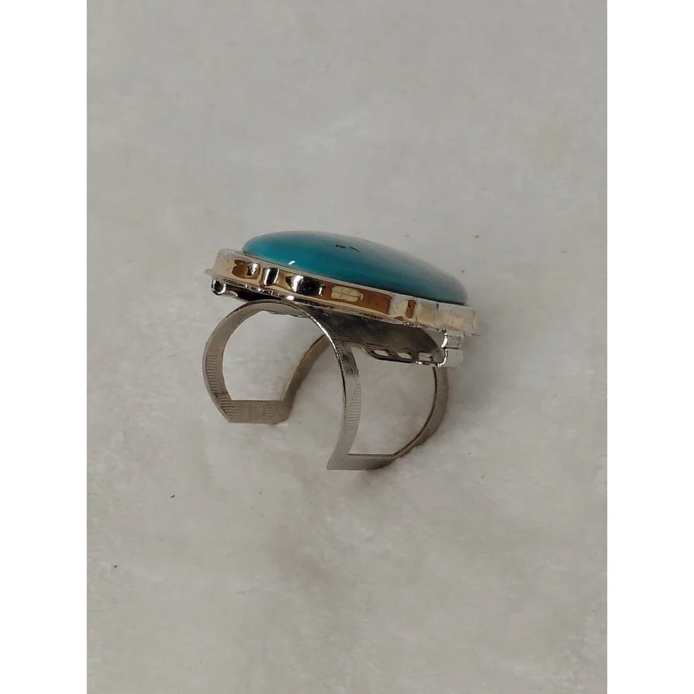 Vintage Silver Tone Faux Turquoise Compact Locket Ring Hidden Mirror Poison Boho